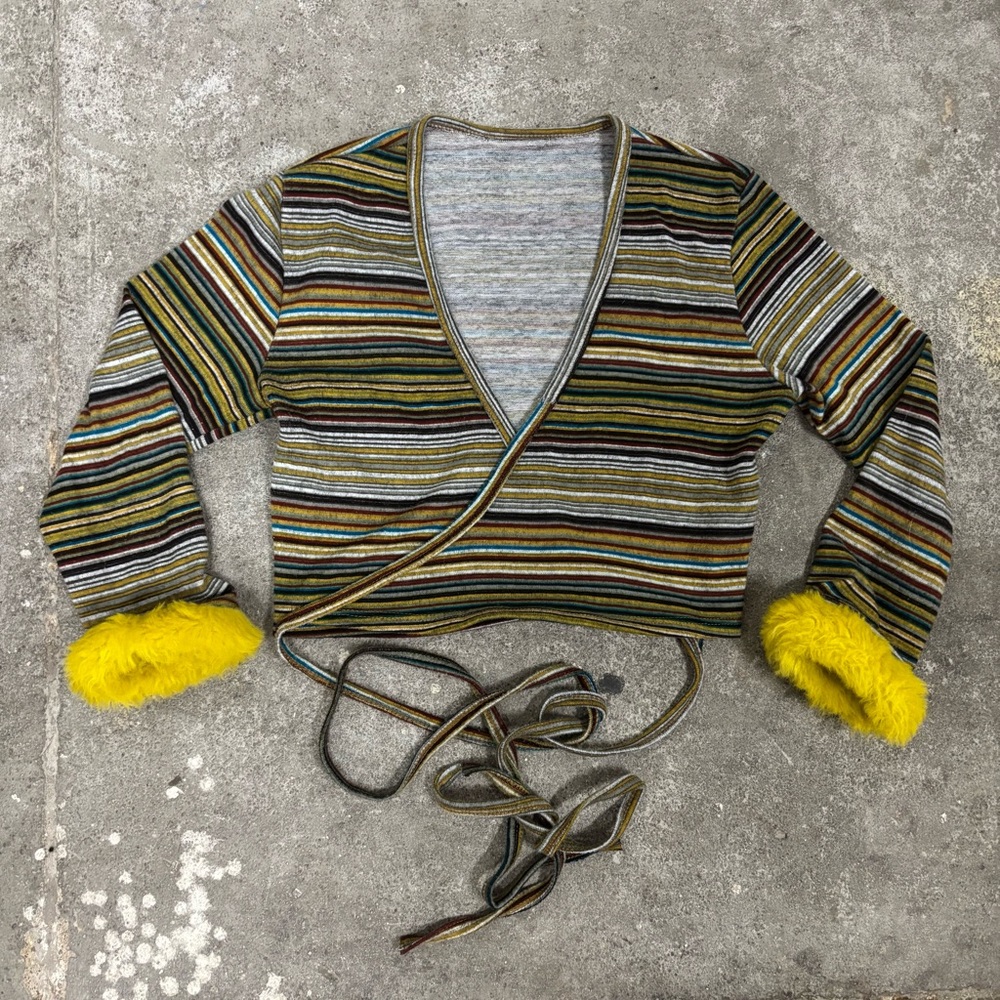 Valfre Striped Wrap Cropped Sweater Top Yellow Fur Cuff Sleeve. 70s Retro style